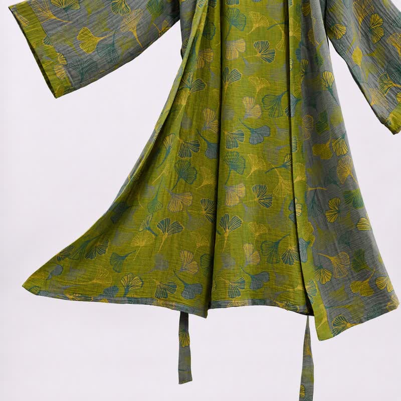 Ownkoti Green Gray Ginkgo Leaf Cotton Kimono Robe - image 11