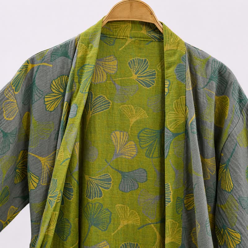 Ownkoti Green Gray Ginkgo Leaf Cotton Kimono Robe - image 9