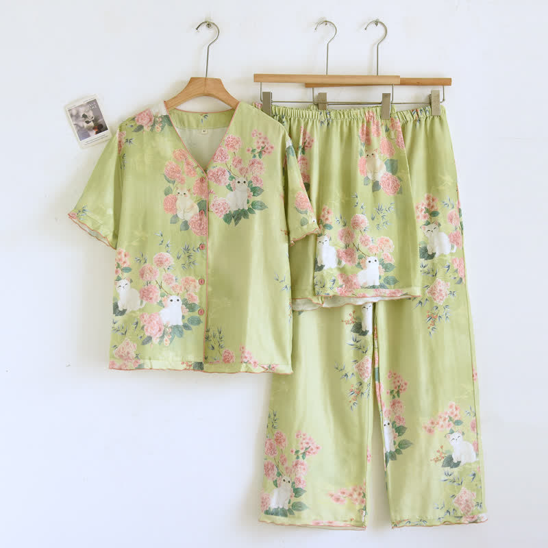 Ownkoti Mint Floral Cat Cotton 3pcs Loungewear Set - Green - XL - image 0