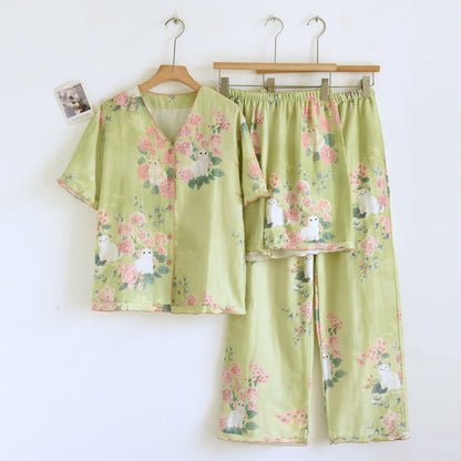 Ownkoti Mint Floral Cat Cotton 3pcs Loungewear Set - Green - XL - image 0