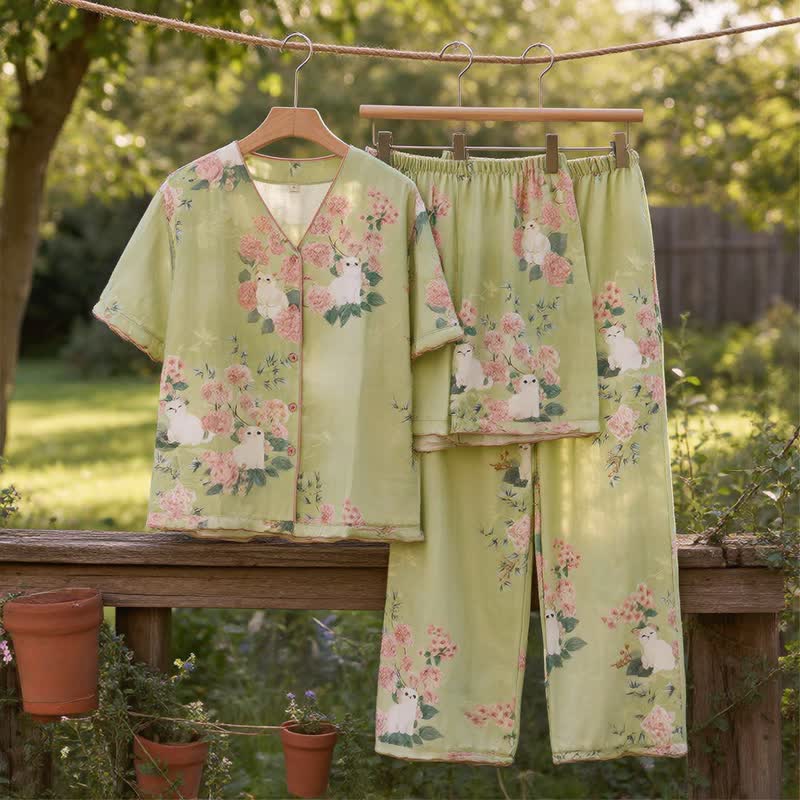 Ownkoti Mint Floral Cat Cotton 3pcs Loungewear Set - image 1