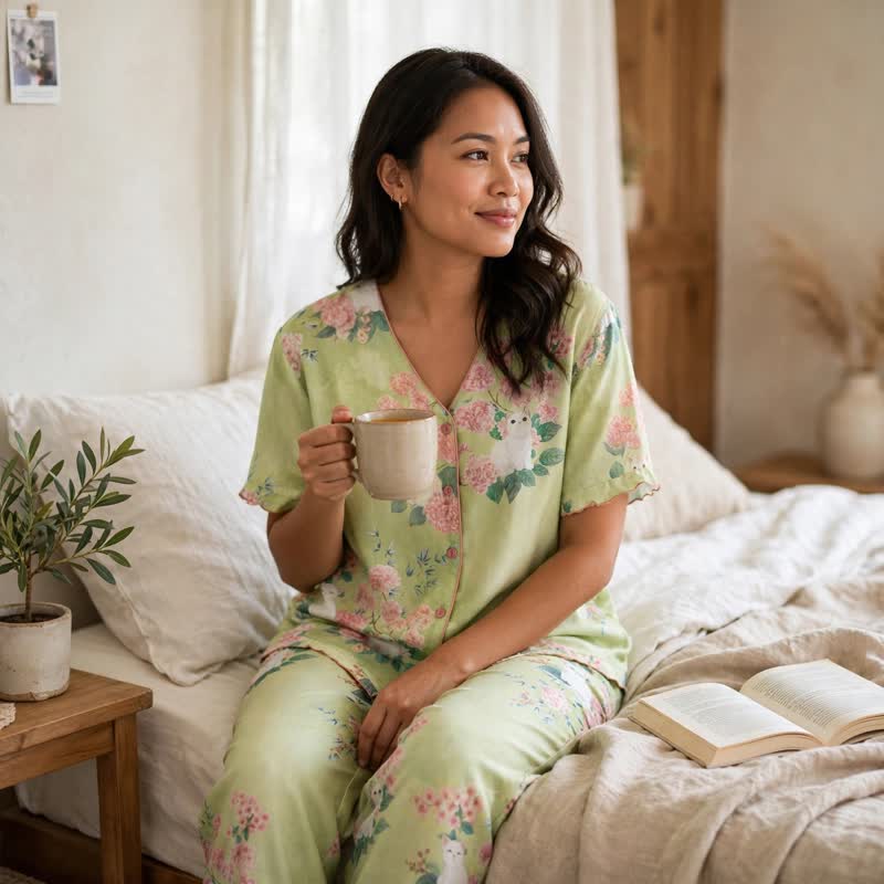 Ownkoti Mint Floral Cat Cotton 3pcs Loungewear Set - image 4