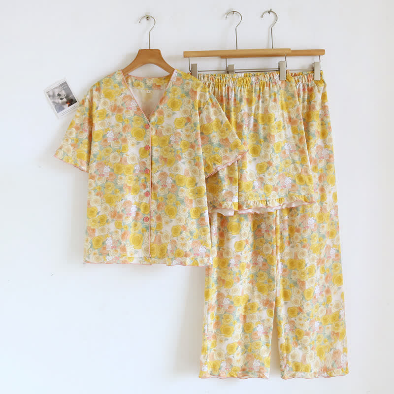 Ownkoti Yellow Rose Cotton 3pcs Loungewear Set - Yellow - XL - image 0