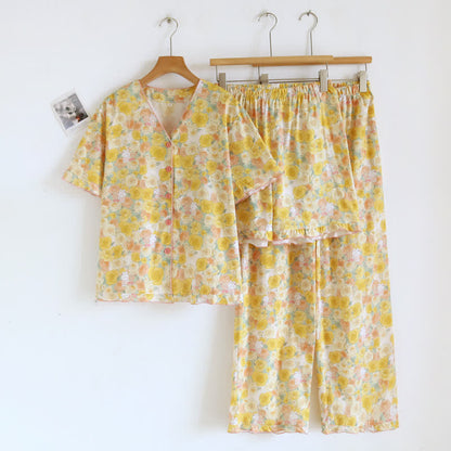 Ownkoti Yellow Rose Cotton 3pcs Loungewear Set - Yellow - XL - image 0
