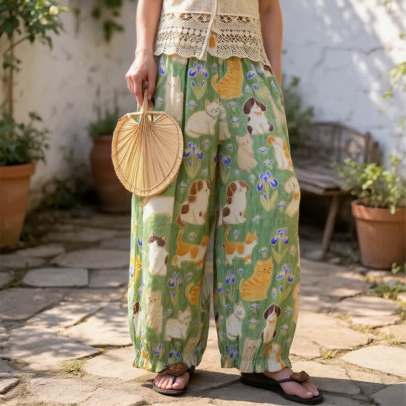 Ownkoti Green Cat Print Harem Loungewear Pants - image 2