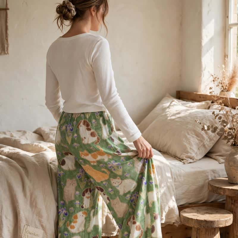 Ownkoti Green Cat Print Harem Loungewear Pants - image 5