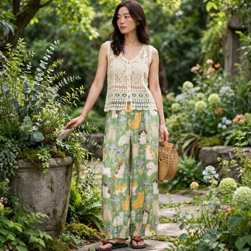 Ownkoti Green Cat Print Harem Loungewear Pants - image 3