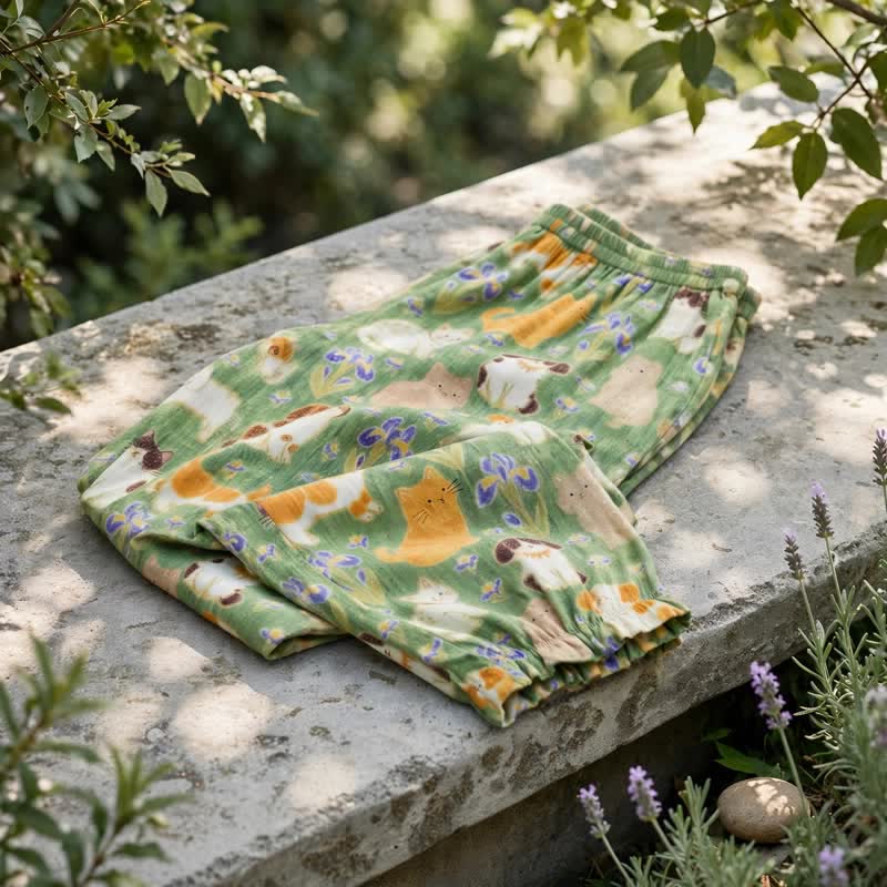 Ownkoti Green Cat Print Harem Loungewear Pants - image 1
