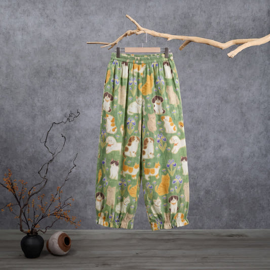 Ownkoti Green Cat Print Harem Loungewear Pants - Green - XL - image 0