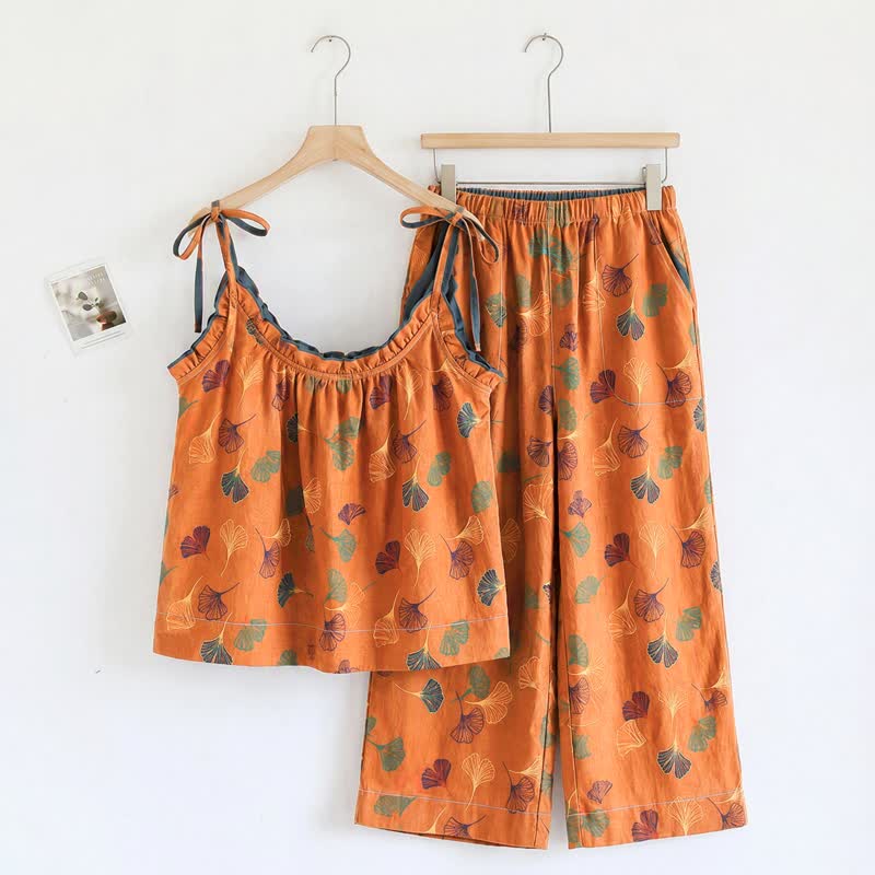 Ownkoti Ginkgo Cami Top & Pants Pajama Set - Orange & Blue - XL - image 7
