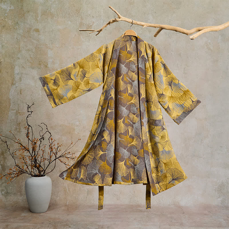 Ownkoti Vintage Ginkgo Leaf Cotton Double Gauze Robe - Yellow - 2XL - image 0
