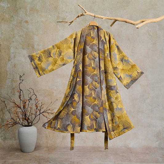 Ownkoti Vintage Ginkgo Leaf Cotton Double Gauze Robe - Yellow - 2XL - image 0