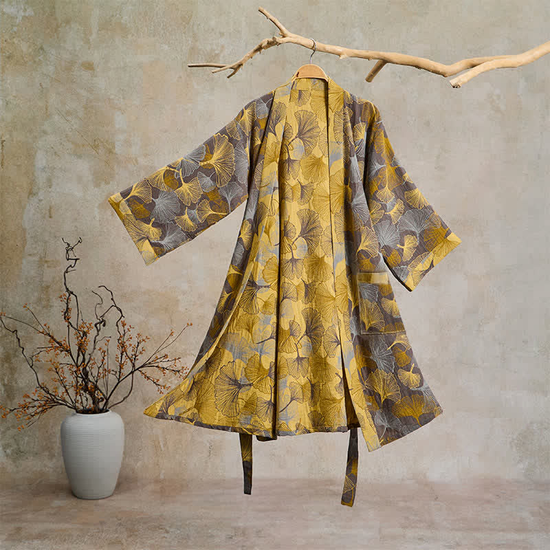 Ownkoti Vintage Ginkgo Leaf Cotton Double Gauze Robe - Light Brown - 2XL - image 6