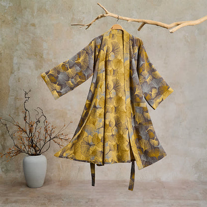 Ownkoti Vintage Ginkgo Leaf Cotton Double Gauze Robe - Light Brown - 2XL - image 6