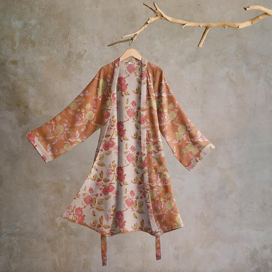 Ownkoti Botanical Pomegranate Print Cotton Kimono Robe - Green & Red - 2XL - image 0