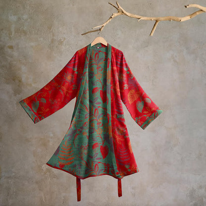 Ownkoti Retro Leaf Jacquard Cotton Kimono Robe - Red & Green - 2XL - image 0