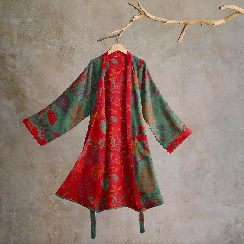 Ownkoti Retro Leaf Jacquard Cotton Kimono Robe - Green & Red - 2XL - image 6