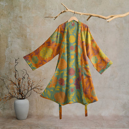Ownkoti Vintage Floral Cotton Robe - Orange & Teal - XL - image 0