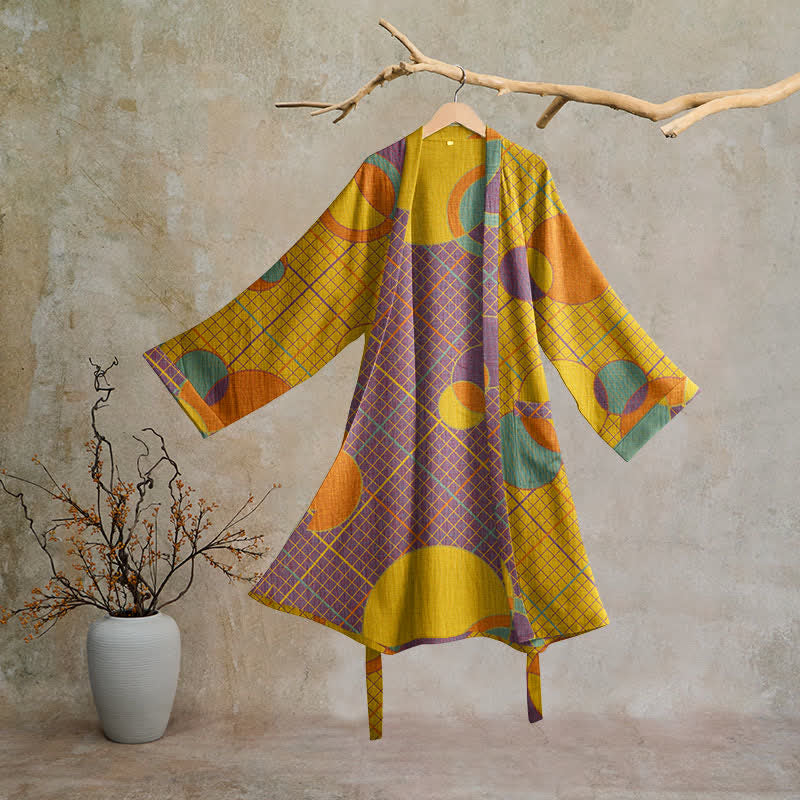 Ownkoti Retro Geometric Circle Cotton Robe - Yellow & Purple - 2XL - image 6