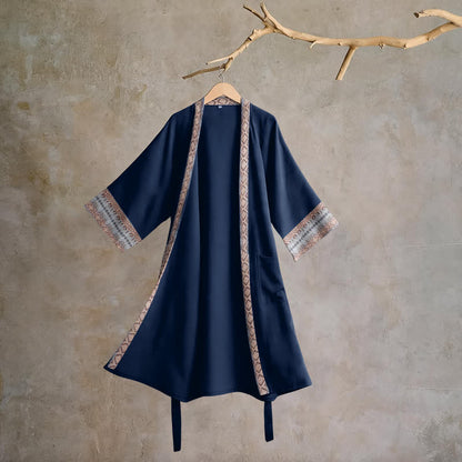 Ownkoti Retro Geometric Border Cotton Lounge Robe - Blue - XL - image 0