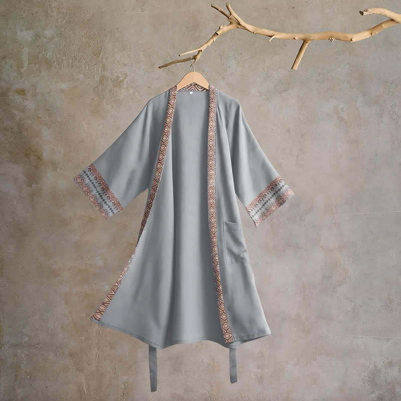 Ownkoti Retro Geometric Border Cotton Lounge Robe - Gray - XL - image 6