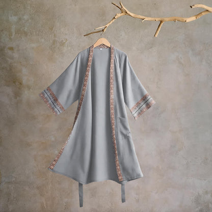 Ownkoti Retro Geometric Border Cotton Lounge Robe - Gray - XL - image 6