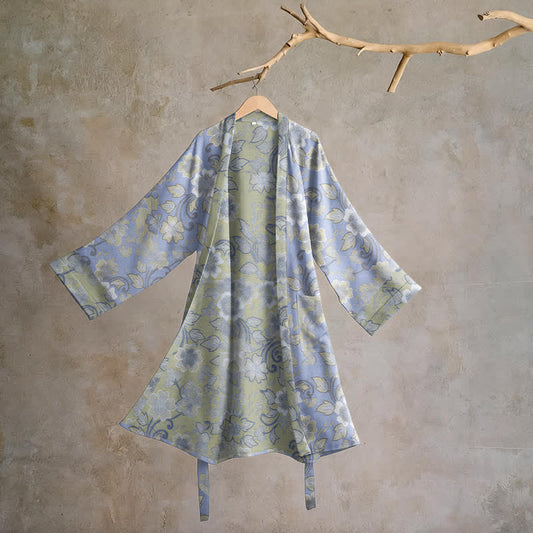 Ownkoti Retro Floral Cotton Kimono Robe - Blue - L - image 0