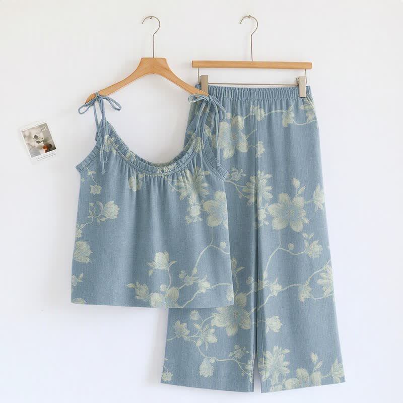 Ownkoti Vintage Floral Cotton Cami Loungewear Set - Blue - XL - image 0
