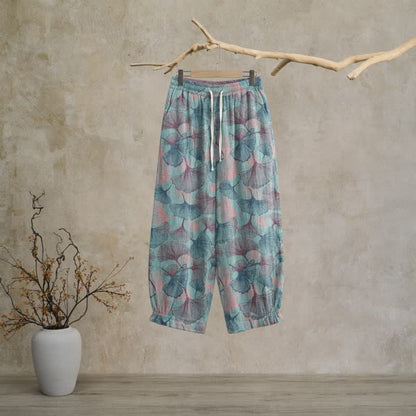 Ownkoti Vintage Ginkgo Leaf Cotton Lounge Pants - Blue - XL - image 0