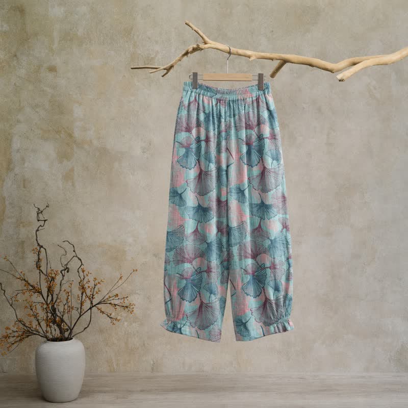 Ownkoti Vintage Ginkgo Leaf Cotton Lounge Pants - image 1