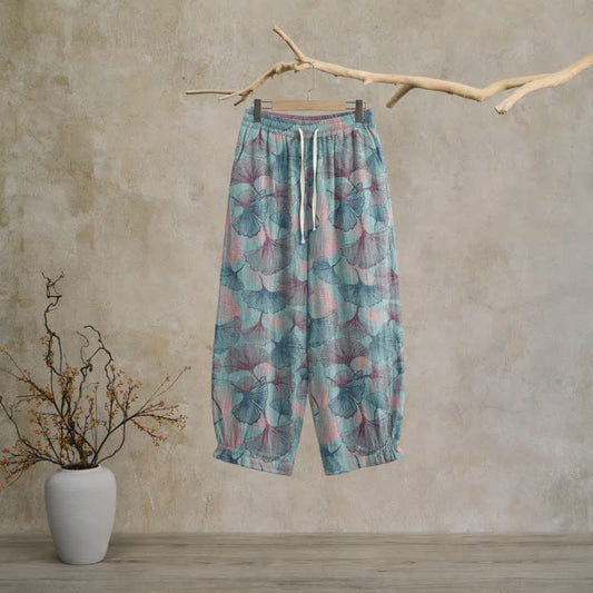 Ownkoti Vintage Ginkgo Leaf Cotton Lounge Pants - Blue - XL - image 0