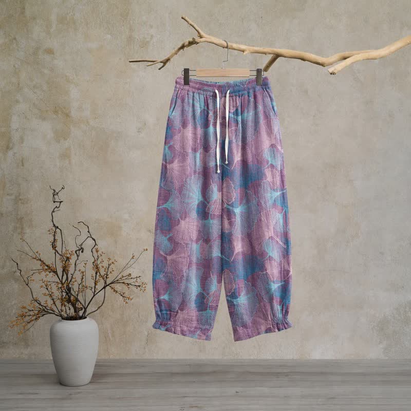 Ownkoti Vintage Ginkgo Leaf Cotton Lounge Pants - Purple - XL - image 5