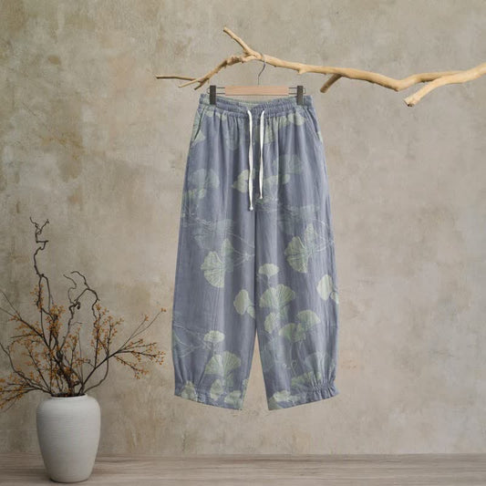 Ownkoti Retro Botanical Ginkgo Leaf Cotton Lounge Pants - Blue - XL - image 0