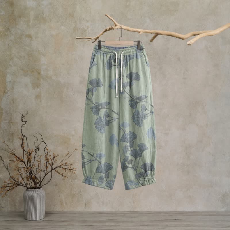 Ownkoti Retro Botanical Ginkgo Leaf Cotton Lounge Pants - Green - XL - image 5