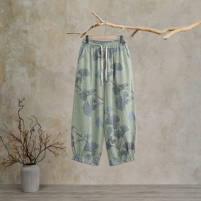 Ownkoti Retro Botanical Ginkgo Leaf Cotton Lounge Pants - Green - XL - image 5