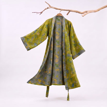 Ownkoti Green Gray Ginkgo Leaf Cotton Kimono Robe - Green - 2XL - image 0