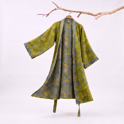Ownkoti Green Gray Ginkgo Leaf Cotton Kimono Robe - Green - 2XL - image 0