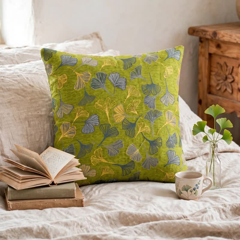 Ownkoti Green Botanical Ginkgo Leaf Square Pillow - Green - 18" x 18" - With Insert - image 0
