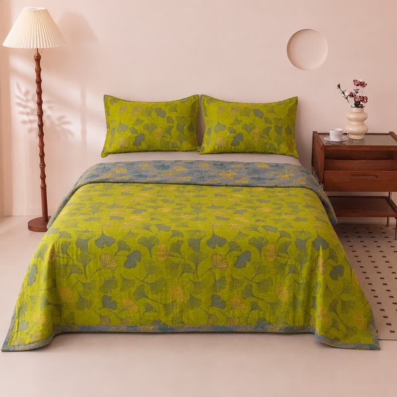 Ownkoti Vintage Green Ginkgo Leaf Cotton Bedspread Set - image 1