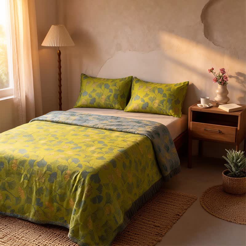 Ownkoti Vintage Green Ginkgo Leaf Cotton Bedspread Set - image 4