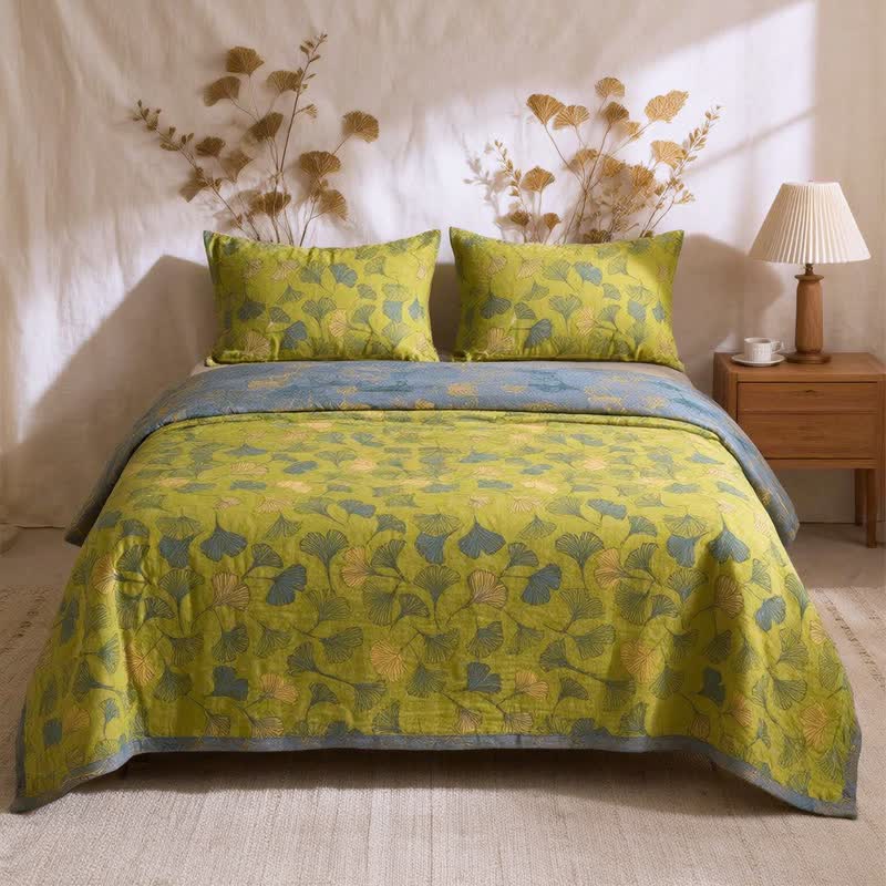 Ownkoti Vintage Green Ginkgo Leaf Cotton Bedspread Set - Green - Bedspread with 2PCS Pillowcases - King - image 0