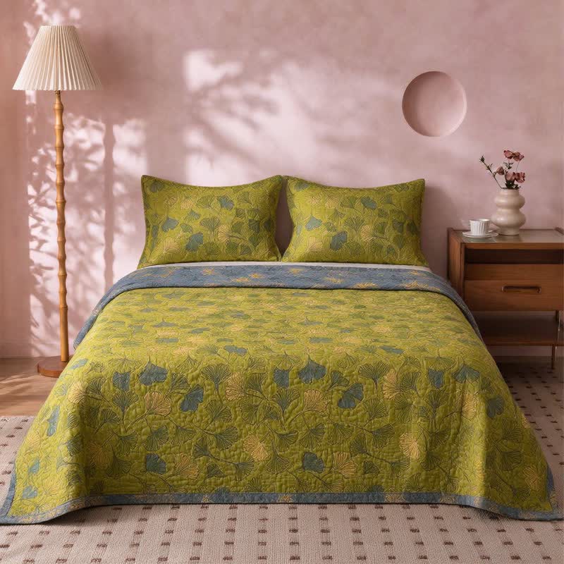 Ownkoti Vintage Green Ginkgo Leaf Cotton Bedspread Set - image 3