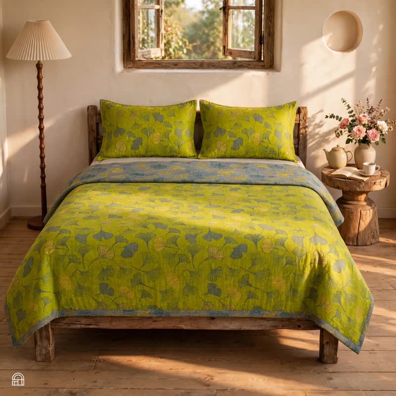 Ownkoti Vintage Green Ginkgo Leaf Cotton Bedspread Set - image 2
