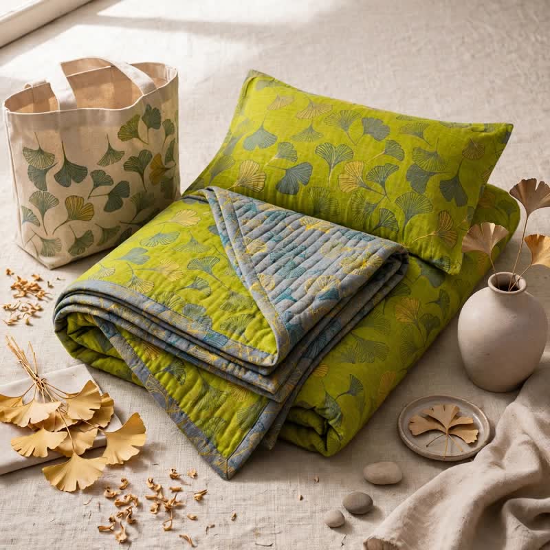 Ownkoti Vintage Green Ginkgo Leaf Cotton Bedspread Set - image 6