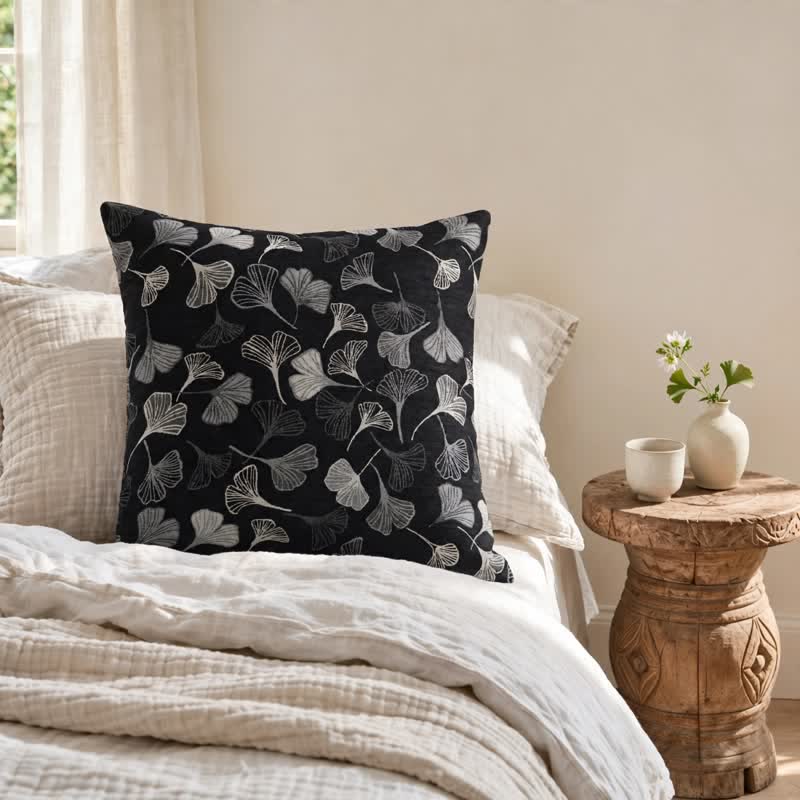 Ownkoti Vintage Black Ginkgo Leaf Throw Pillow - Black - 18" x 18" - With Insert - image 0