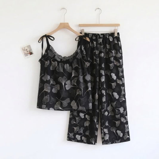 Ownkoti Vintage Ginkgo Leaf Cotton Cami Loungewear Set - Black - XL - image 0