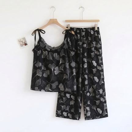 Ownkoti Vintage Ginkgo Leaf Cotton Cami Loungewear Set - Black - XL - image 0