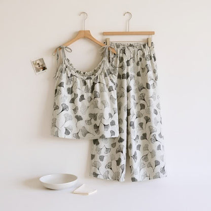 Ownkoti Vintage Ginkgo Leaf Cotton Cami Loungewear Set - White - XL - image 7