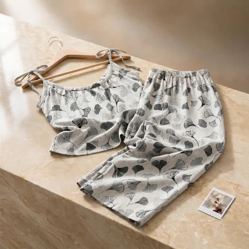 Ownkoti Vintage Ginkgo Leaf Cotton Cami Loungewear Set - image 9