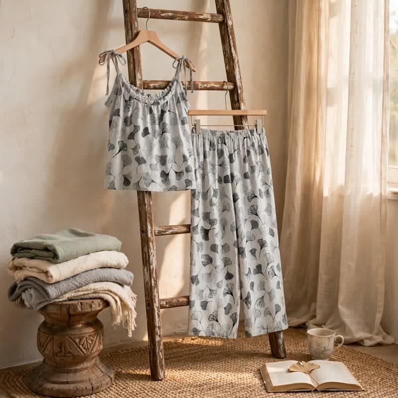 Ownkoti Vintage Ginkgo Leaf Cotton Cami Loungewear Set - image 8